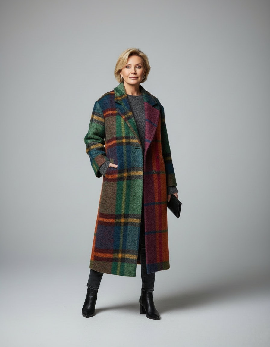 Damen Karomantel in Multicolor – Frontansicht am Modell, langer Wollmantel mit auffälligem Karomuster