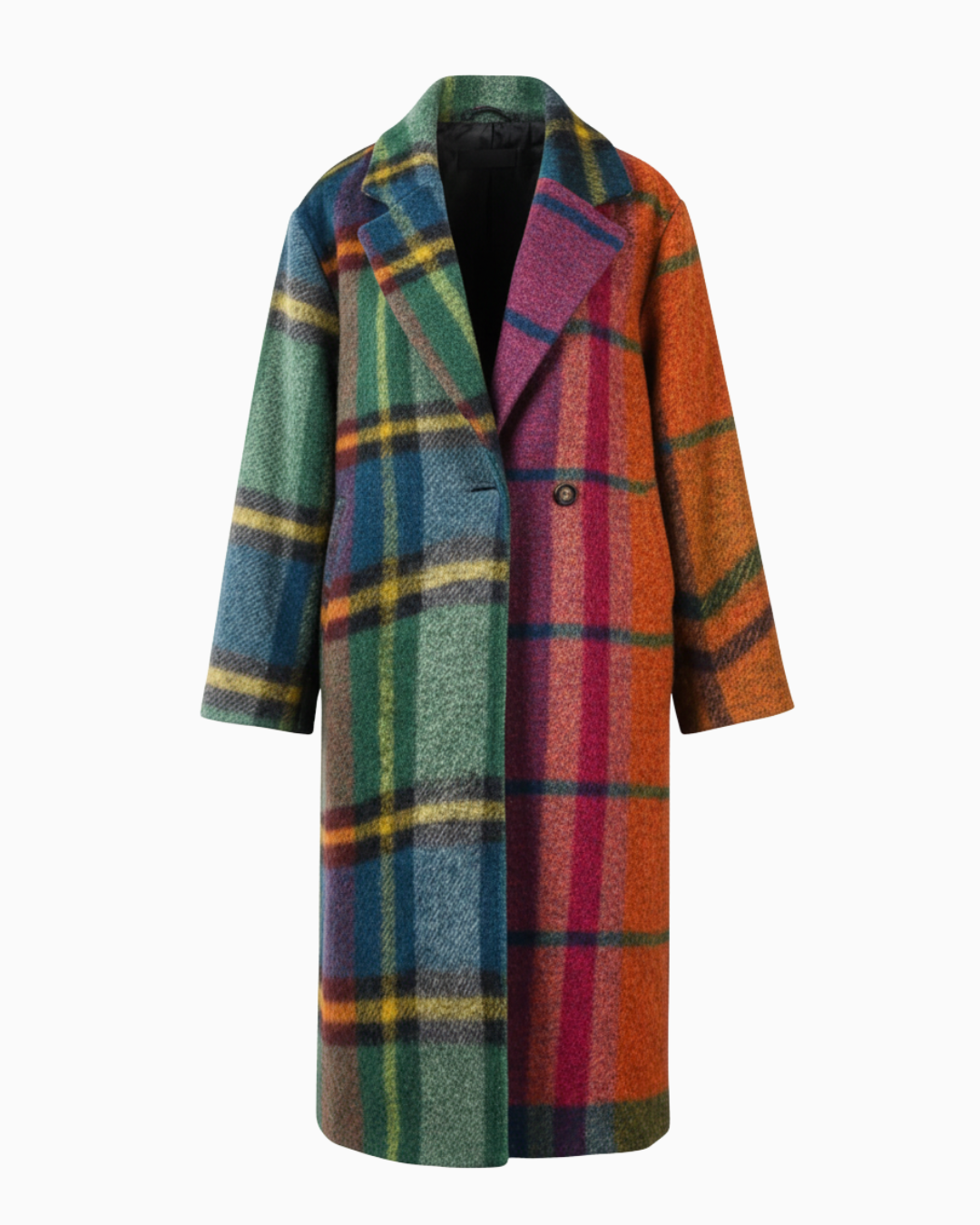 Damen Karomantel in Multicolor – Frontansicht des langen Wollmantels mit farbigem Karomuster