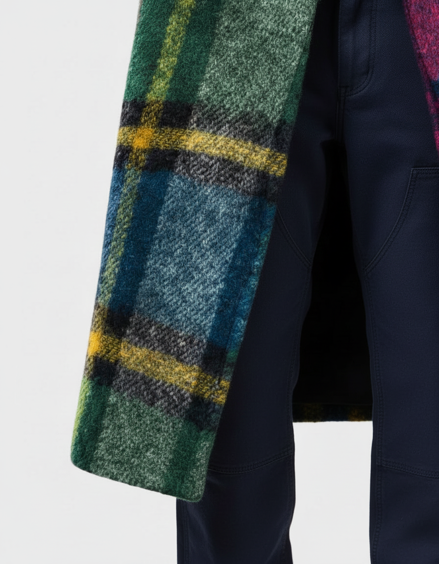 Damen Karomantel in Multicolor – Nahaufnahme des farbigen Karomusters und Materials