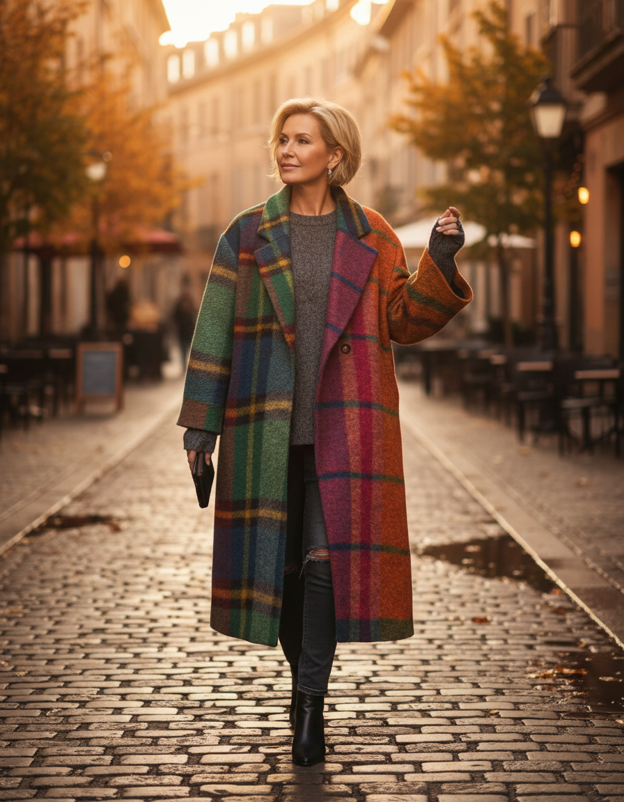 Damen Karomantel in Multicolor – Outdoor-Aufnahme am Modell, langer farbiger Wollmantel