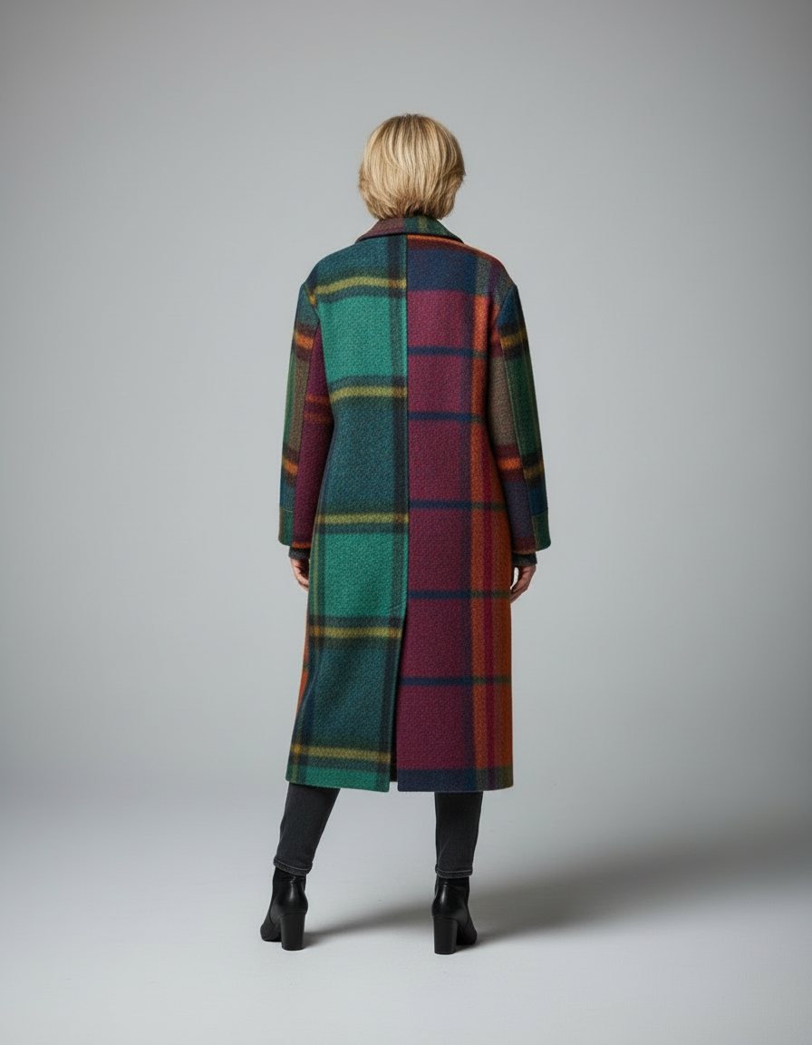 Damen Karomantel in Multicolor – Rückenansicht am Modell, langer Mantel mit buntem Karomuster