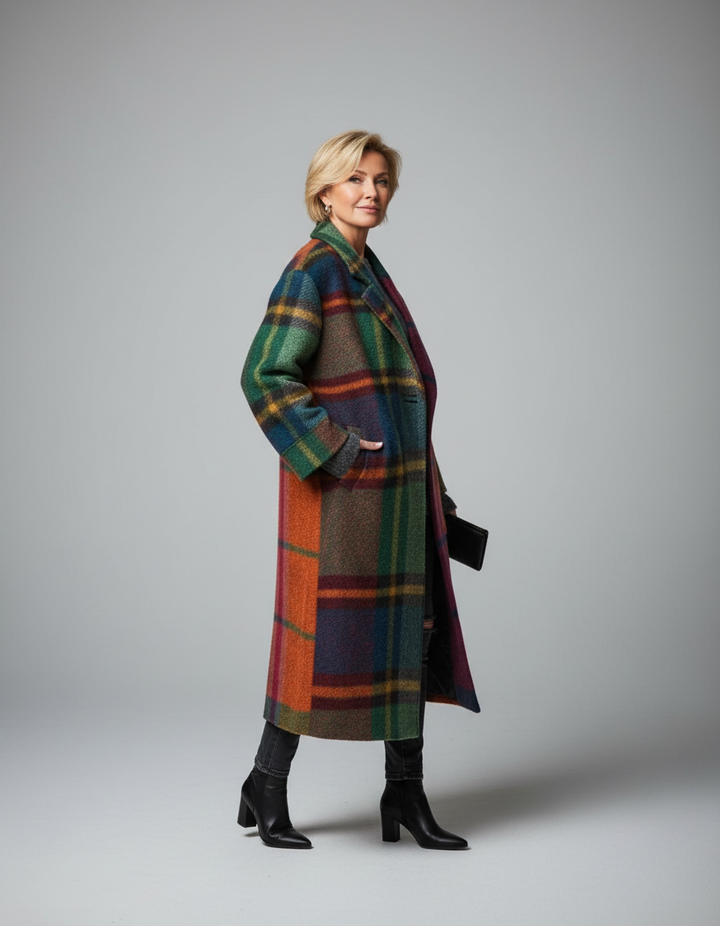 Damen Karomantel in Multicolor – Seitenansicht am Modell, langer farbiger Wollmantel