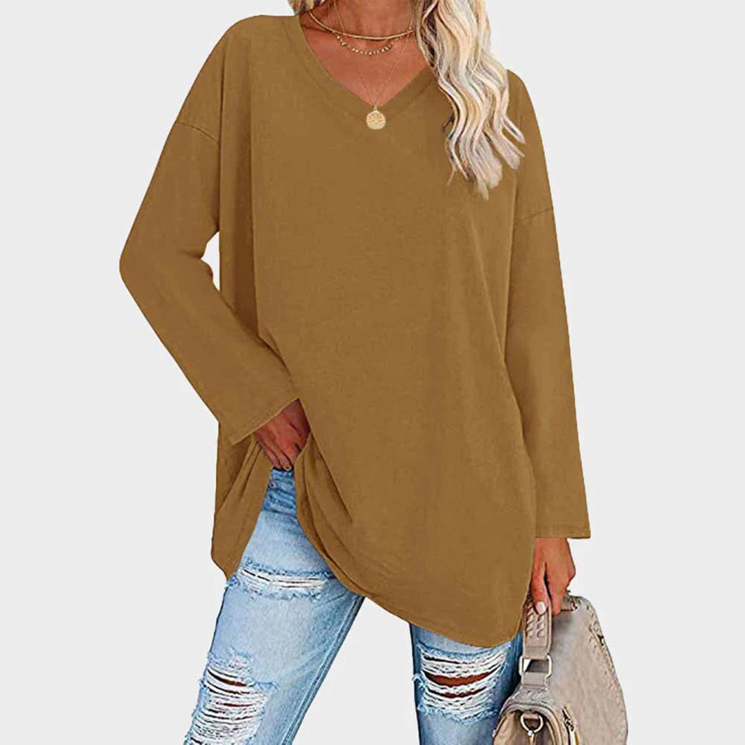 Loree | Damen Longshirt V-Ausschnitt Langarm Übergroß Oberteil