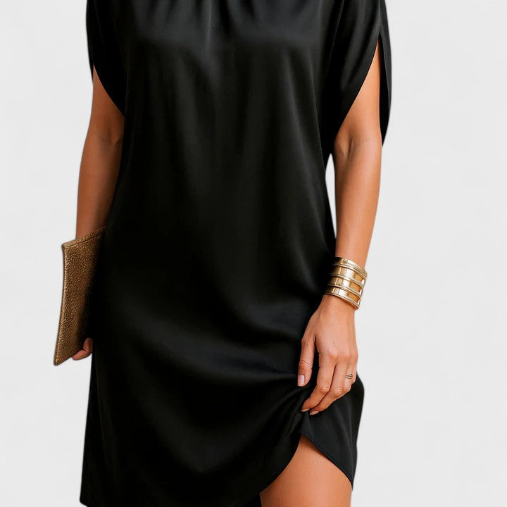 Sella | Damen Mini Kleid Fledermausärmel Stehkragen Schulterausschnitt