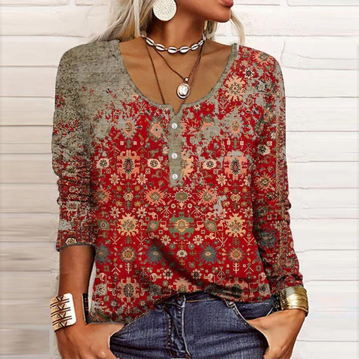 Nadia | Damen Langarmshirt Boho mit Orientalmuster, V-Ausschnitt