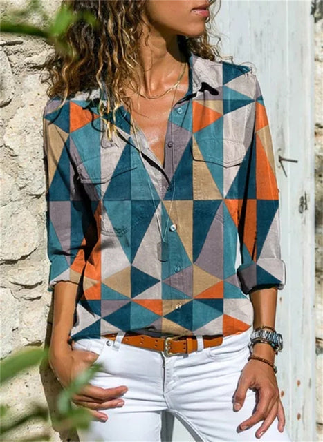 Celine | Damen Bluse Langarm Aquarell Blumenprint Hemdbluse