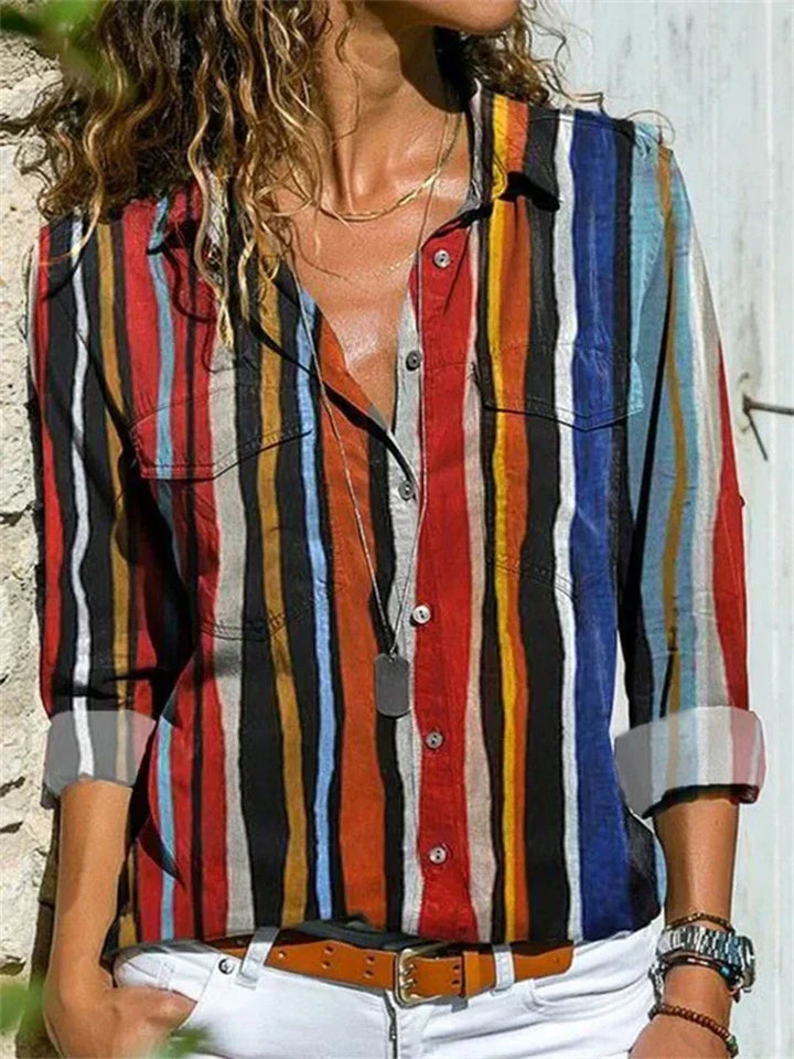 Celine | Damen Bluse Langarm Aquarell Blumenprint Hemdbluse
