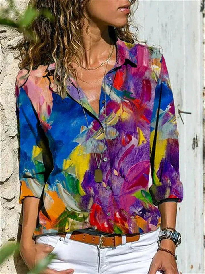 Celine | Damen Bluse Langarm Aquarell Blumenprint Hemdbluse
