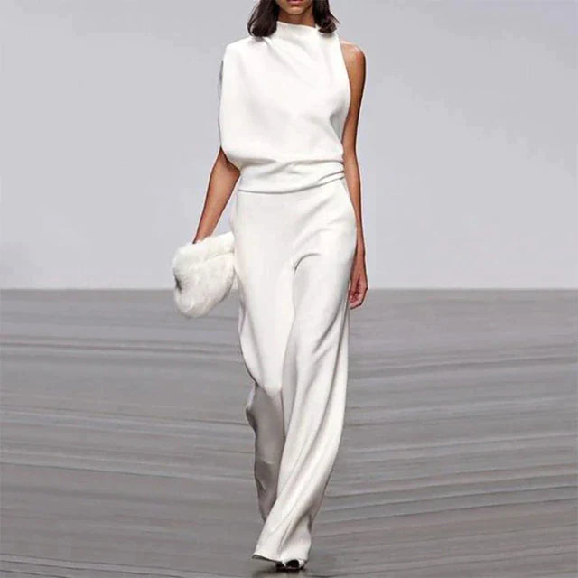 Mona | Damen Jumpsuit Ärmellos Stehkragen Weites Bein Elegant