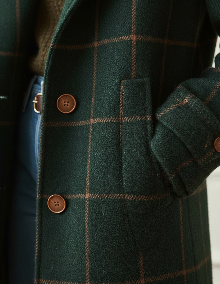 Emma Damen Karomantel – Detailansicht der Knöpfe und Tasche, dunkelgrünes Karomuster