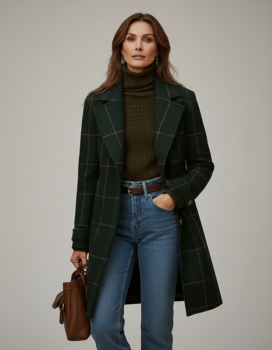 Emma Damen Karomantel – Frontansicht am Modell, dunkelgrüner Wollmantel mit Karomuster