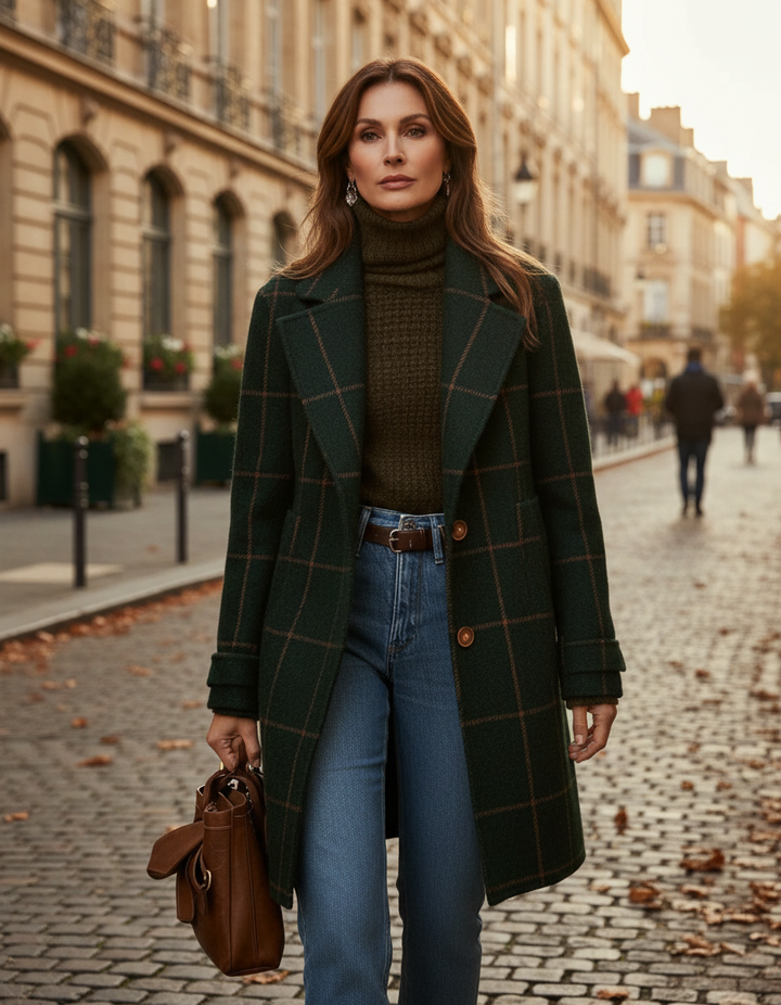 Emma Damen Karomantel – Outdoor-Aufnahme am Modell, klassischer dunkelgrüner Wollmantel mit Karomuster