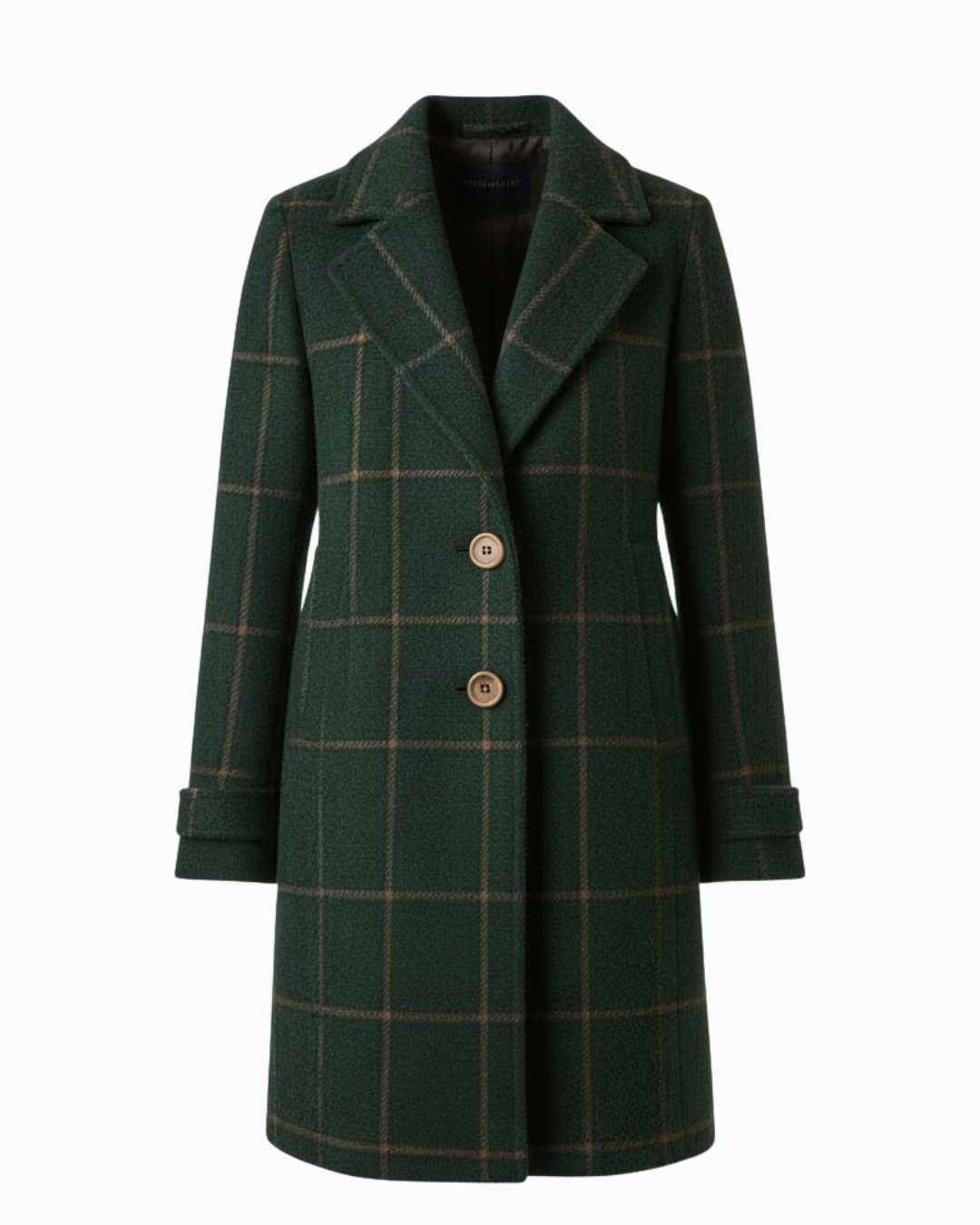 Emma Damen Karomantel in Dunkelgrün – Frontansicht des klassischen Wollmantels mit Karomuster