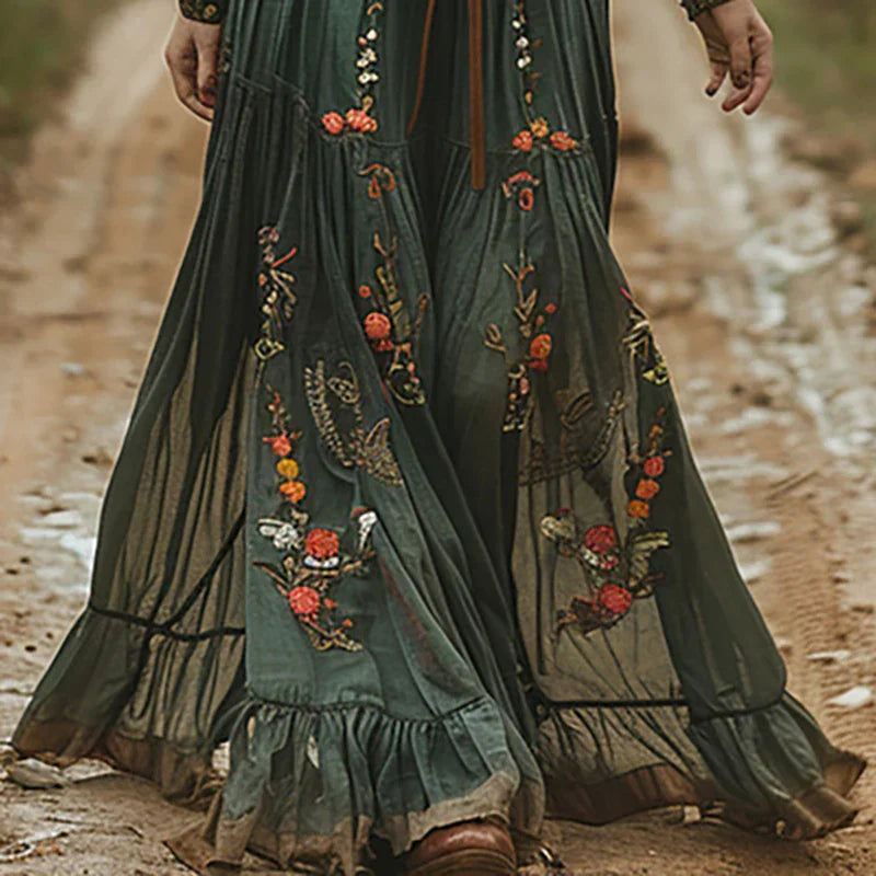 Rosalinde | Damen Boho Maxi-Kleid Blumenstickerei Langarm