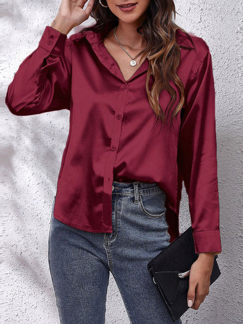 Vera | Damen Satin Bluse Langarm Elegante Hemdbluse Glänzend