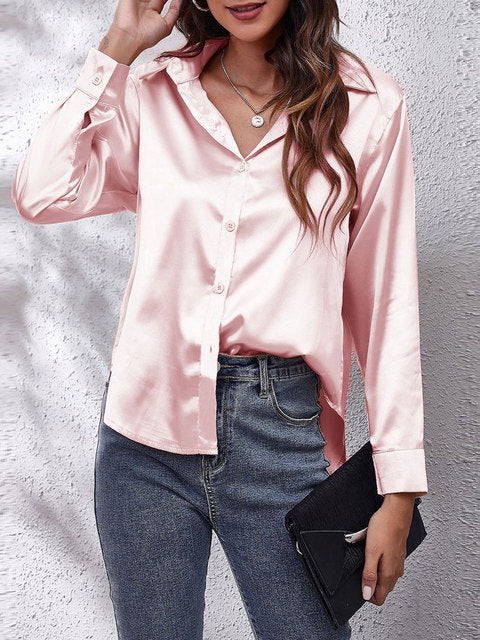 Vera | Damen Satin Bluse Langarm Elegante Hemdbluse Glänzend