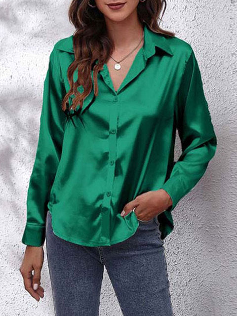 Vera | Damen Satin Bluse Langarm Elegante Hemdbluse Glänzend