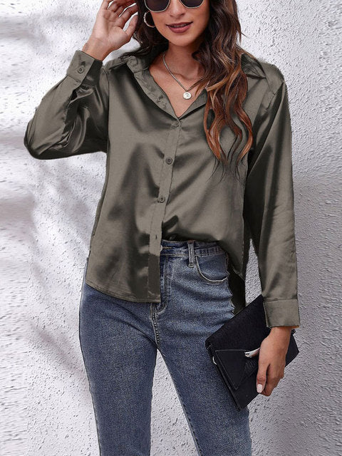 Vera | Damen Satin Bluse Langarm Elegante Hemdbluse Glänzend