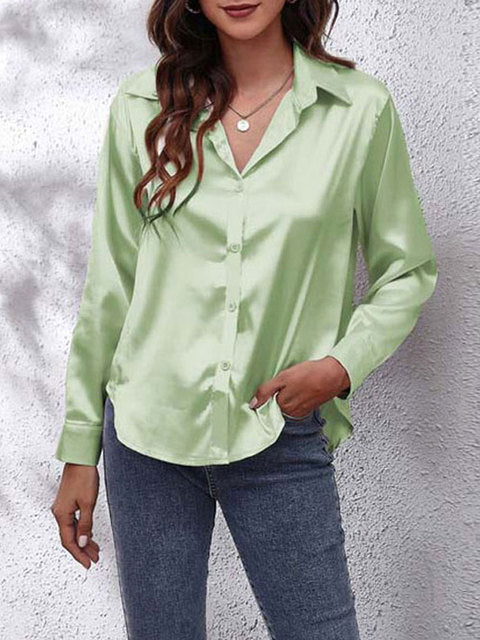 Vera | Damen Satin Bluse Langarm Elegante Hemdbluse Glänzend