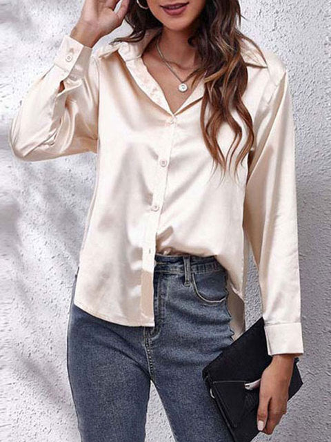 Vera | Damen Satin Bluse Langarm Elegante Hemdbluse Glänzend
