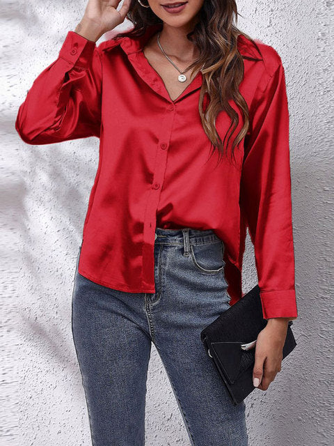 Vera | Damen Satin Bluse Langarm Elegante Hemdbluse Glänzend