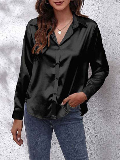 Vera | Damen Satin Bluse Langarm Elegante Hemdbluse Glänzend