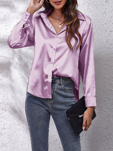 Vera | Damen Satin Bluse Langarm Elegante Hemdbluse Glänzend