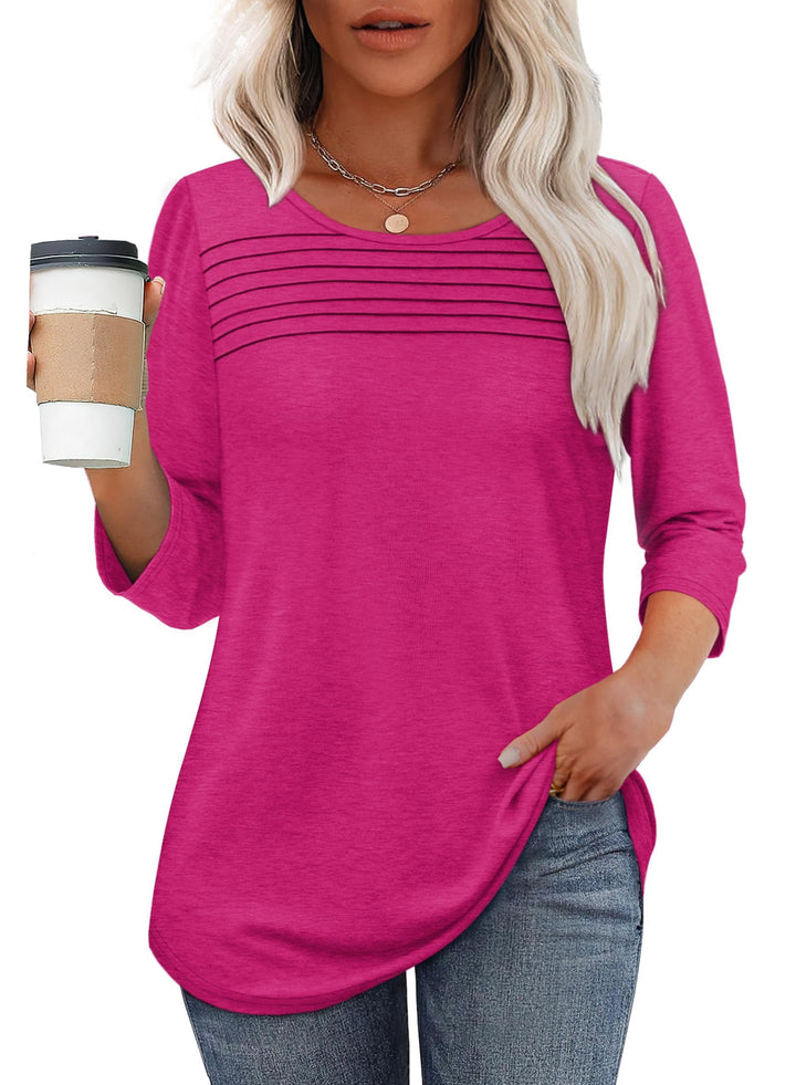 Lecy | Damen Top 3/4 Arm Rundhals mit Faltendetail Unifarbe
