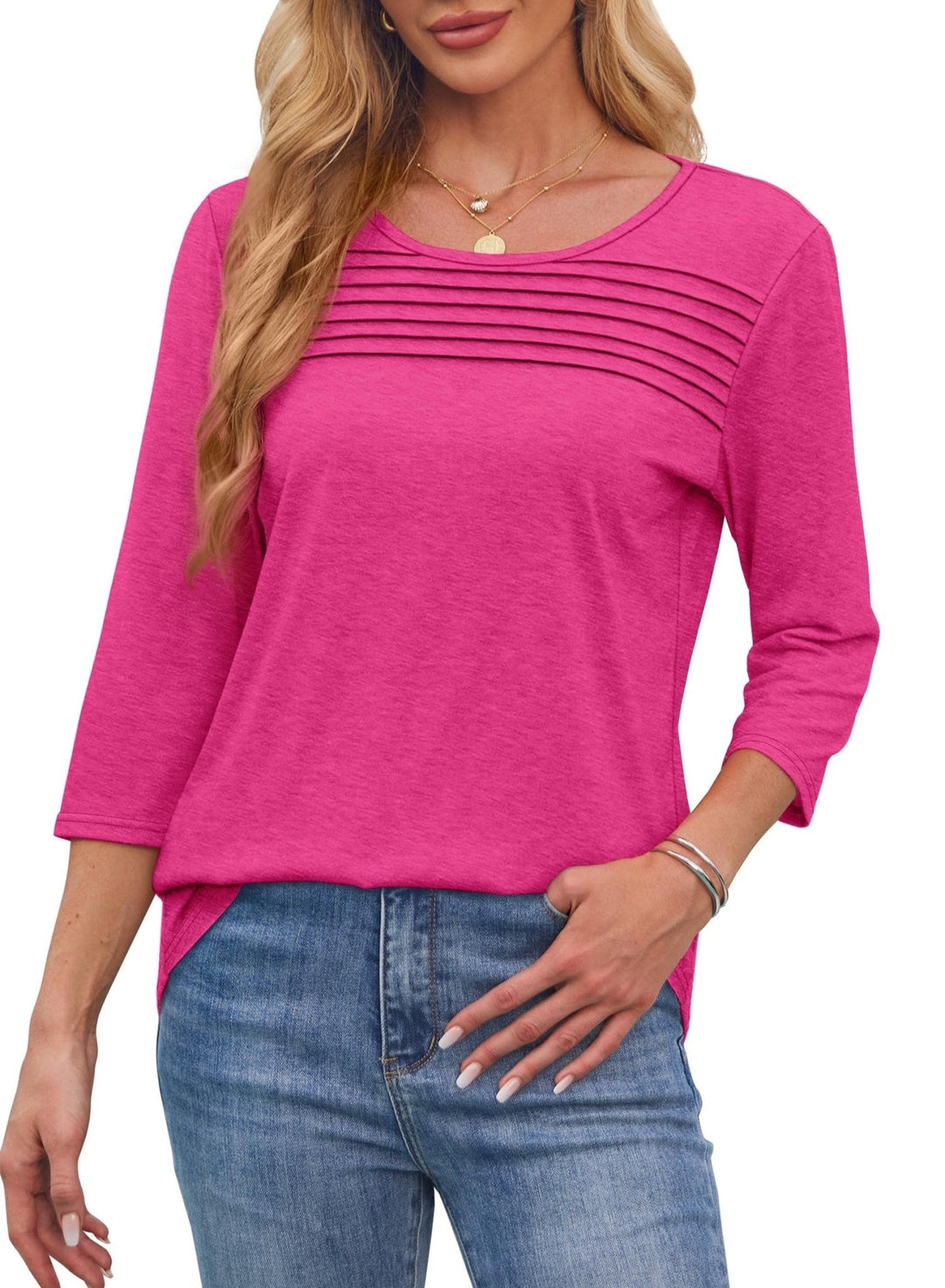 Lecy | Damen Top 3/4 Arm Rundhals mit Faltendetail Unifarbe