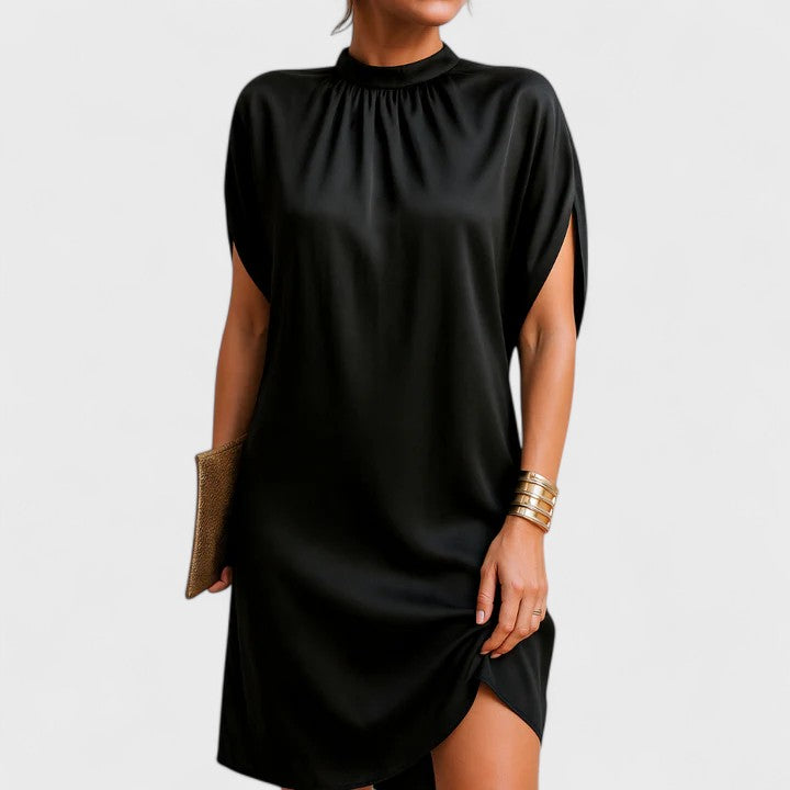 Sella | Damen Mini Kleid Fledermausärmel Stehkragen Schulterausschnitt