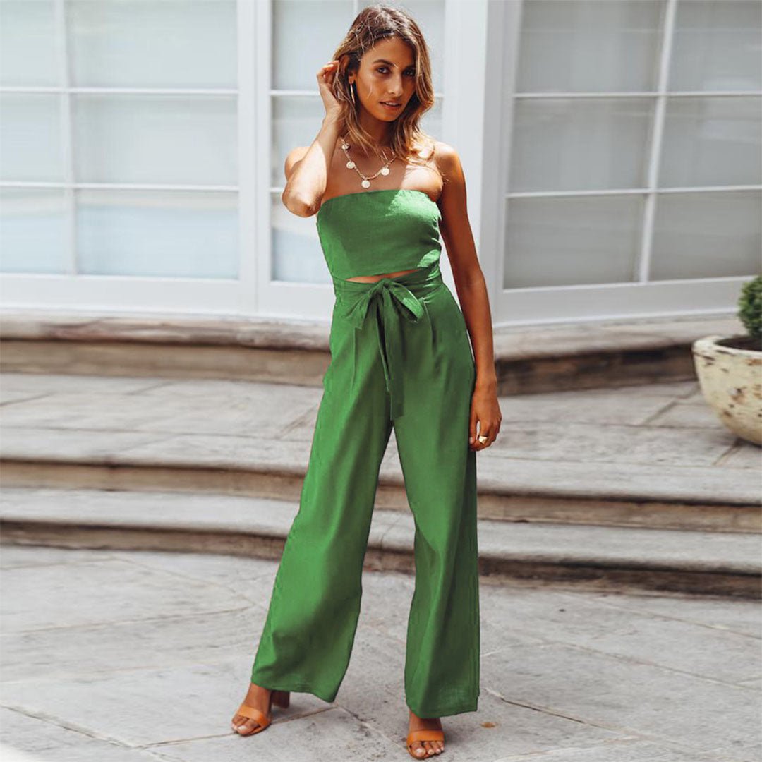 Naia | Damen Bandeau Jumpsuit Wide Leg Bindegürtel