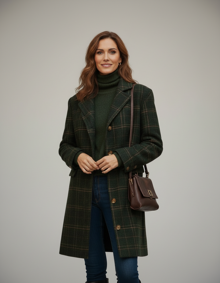 Helena Damen Wollmantel – Frontansicht am Modell, dunkelgrüner Wintermantel mit Reverskragen