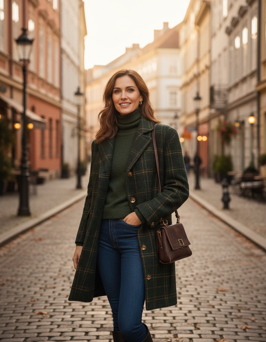 Helena Damen Wollmantel – Outdoor-Aufnahme am Modell, eleganter dunkelgrüner Wintermantel