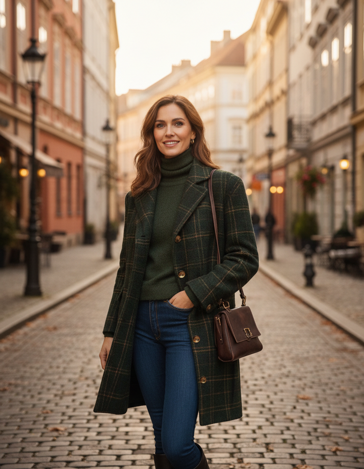 Helena Damen Wollmantel – Outdoor-Aufnahme am Modell, eleganter dunkelgrüner Wintermantel