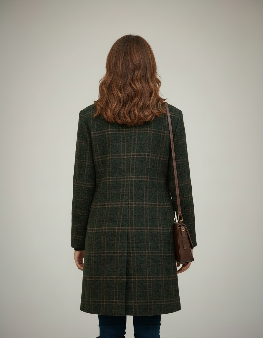 Helena Damen Wollmantel – Rückenansicht am Modell, dunkelgrüner Wintermantel aus Wollmix