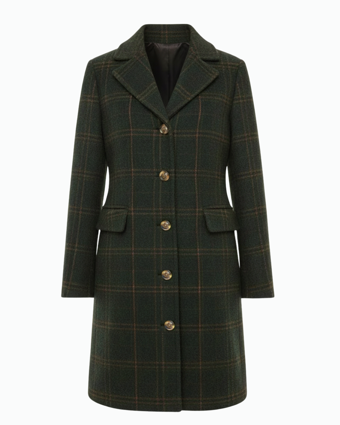 Helena Damen Wollmantel in Dunkelgrün – Frontansicht des eleganten Wintermantels mit Reverskragen