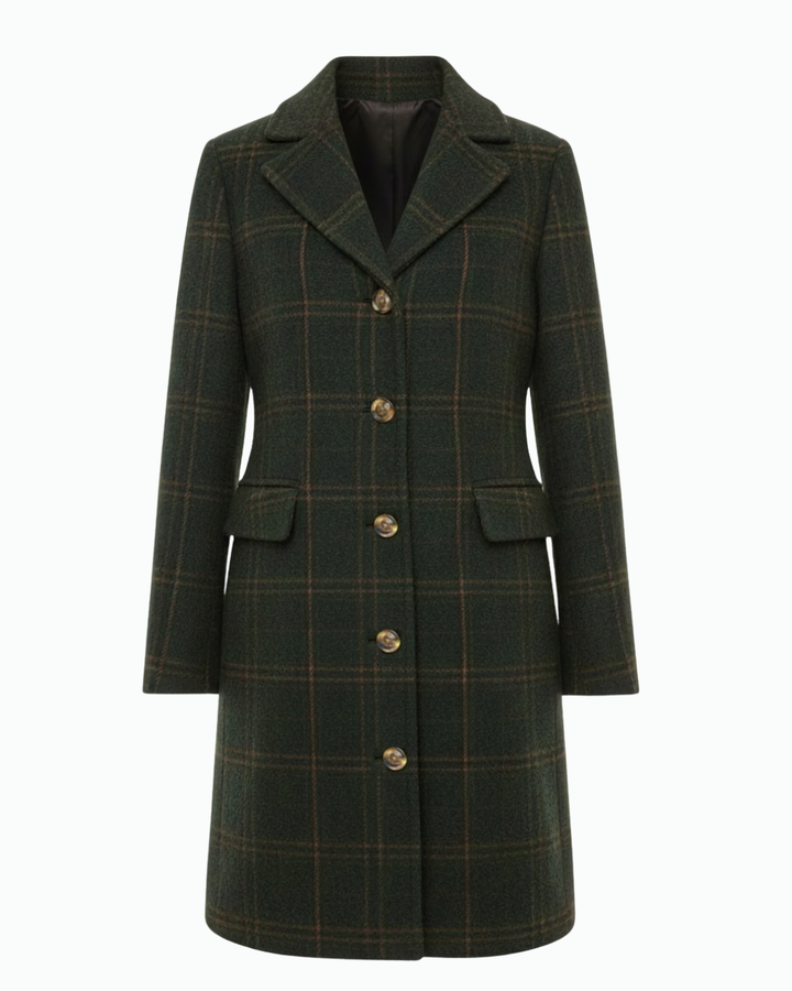 Helena Damen Wollmantel in Dunkelgrün – Frontansicht des eleganten Wintermantels mit Reverskragen