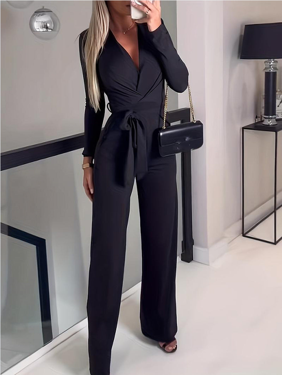 Nora | Damen Jumpsuit Elegant V-Ausschnitt Weites Bein Bindegürtel