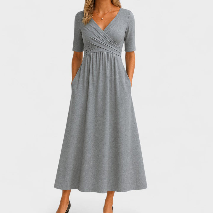 Aria | Damen Midi Kleid A-Linie Wickelausschnitt Kurzarm