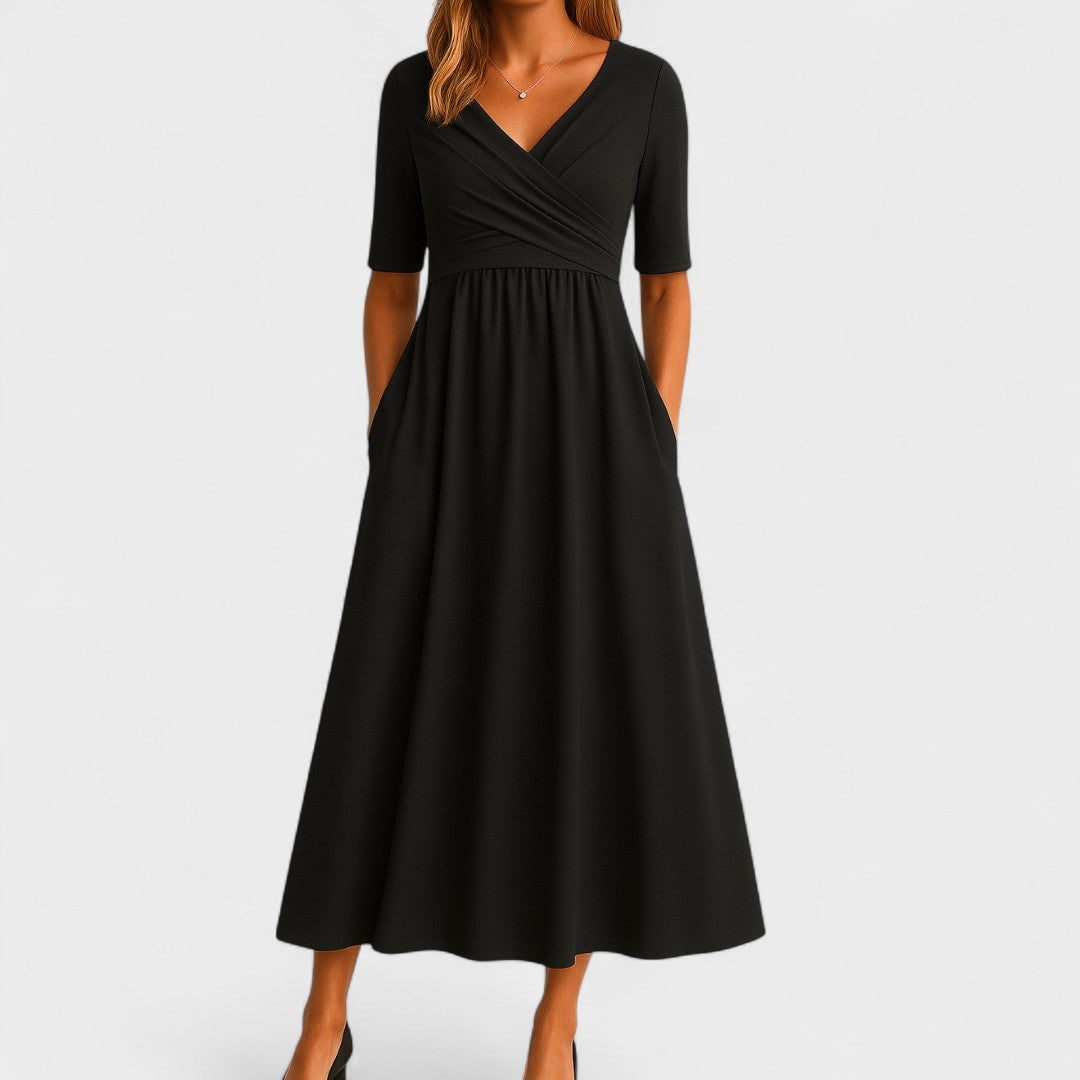 Aria | Damen Midi Kleid A-Linie Wickelausschnitt Kurzarm