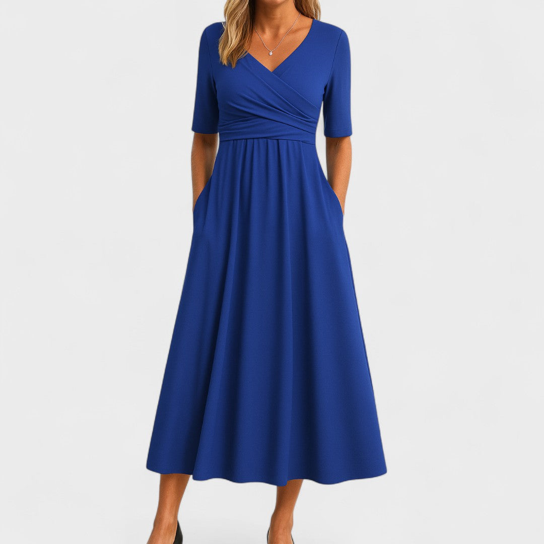 Aria | Damen Midi Kleid A-Linie Wickelausschnitt Kurzarm
