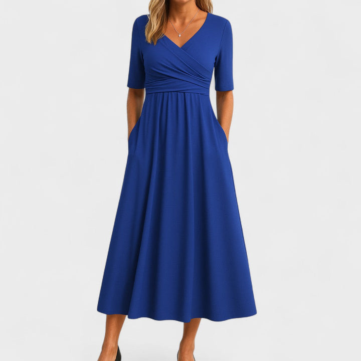 Aria | Damen Midi Kleid A-Linie Wickelausschnitt Kurzarm