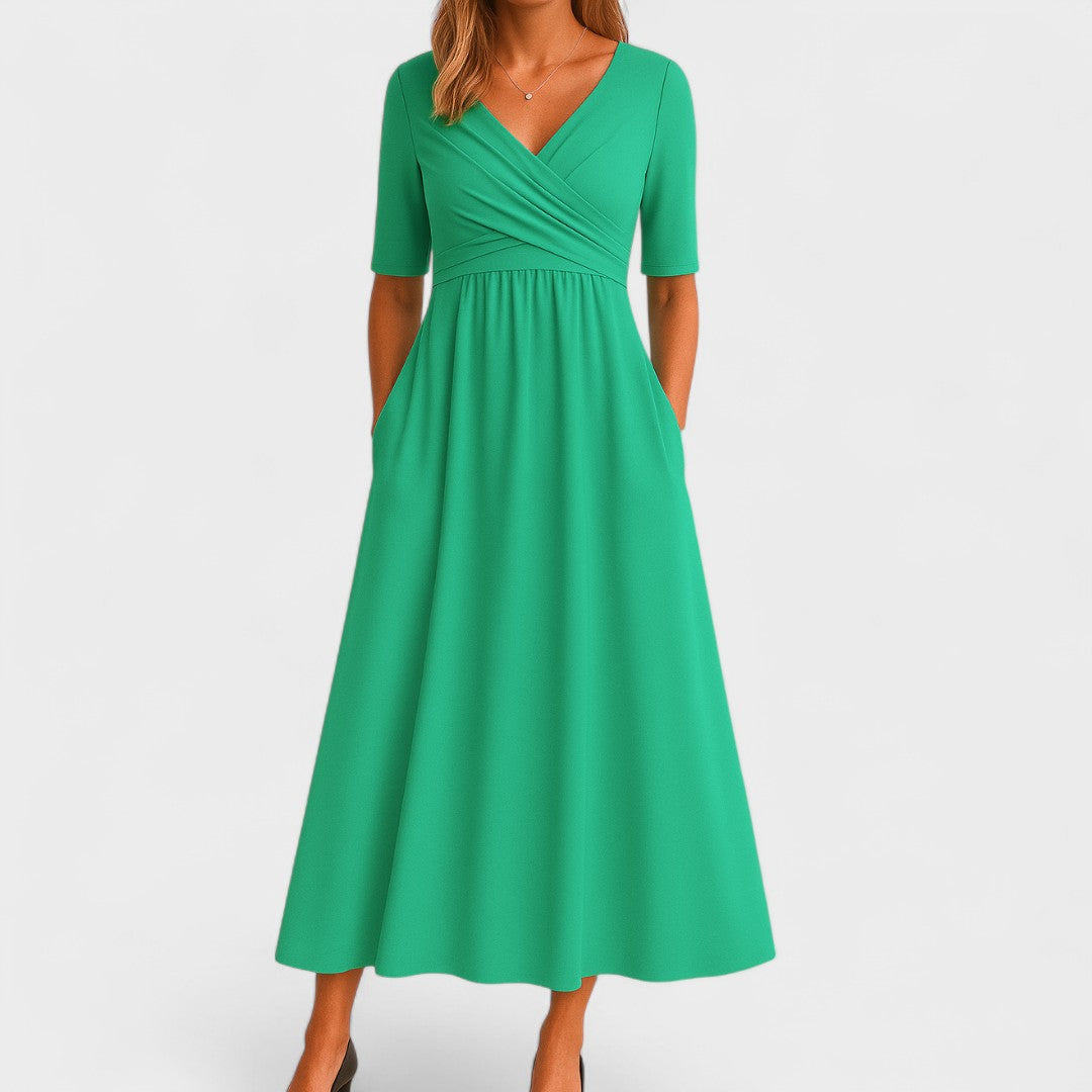 Aria | Damen Midi Kleid A-Linie Wickelausschnitt Kurzarm