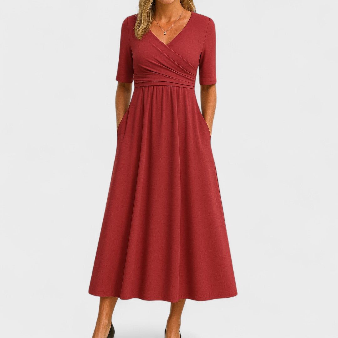 Aria | Damen Midi Kleid A-Linie Wickelausschnitt Kurzarm