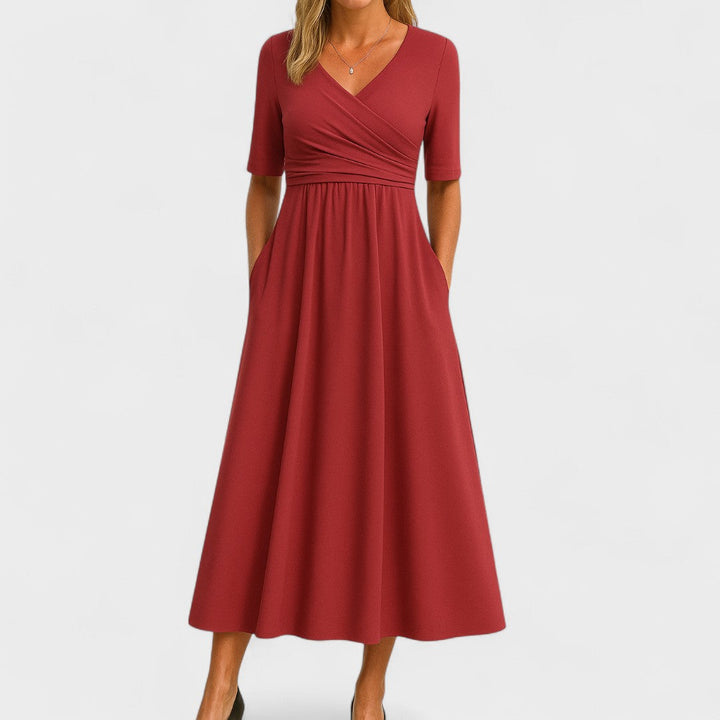 Aria | Damen Midi Kleid A-Linie Wickelausschnitt Kurzarm