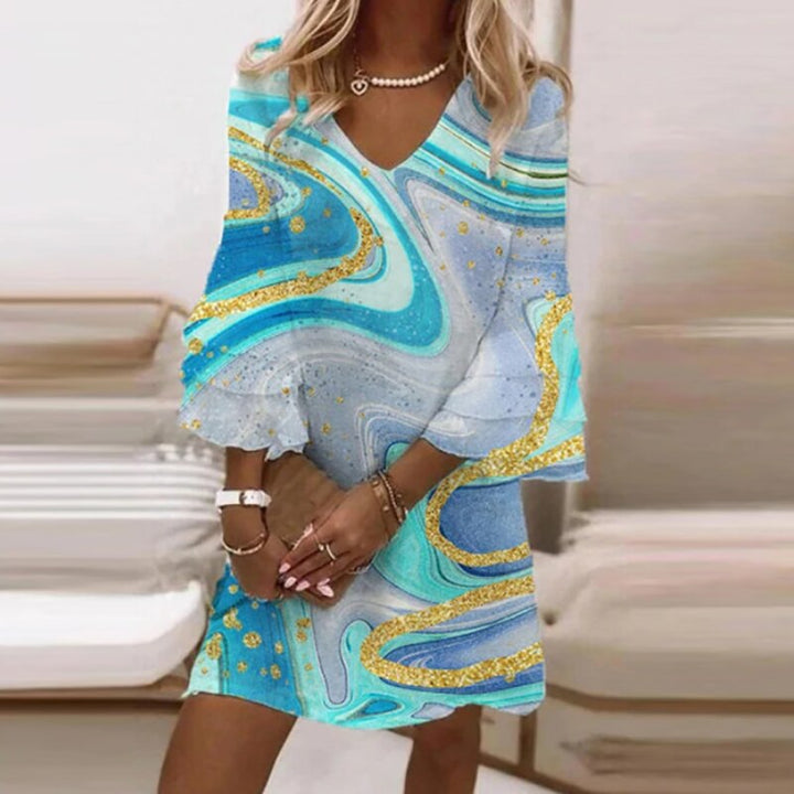 Isabelle | Damen Sommerkleid V-Ausschnitt Trompetenärmel Marmorprint