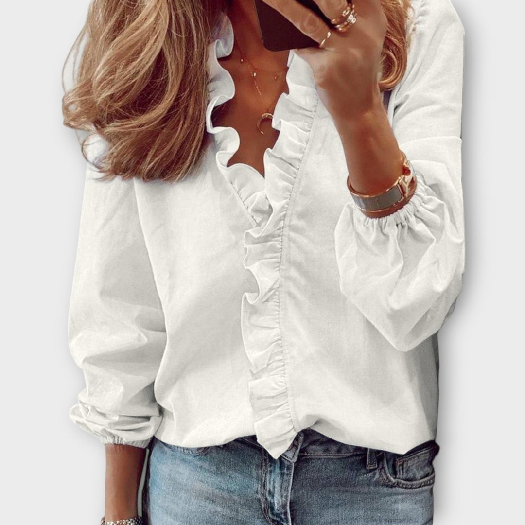 Sophie | Damen Rüschenbluse Langarm V-Ausschnitt Bluse Elegant