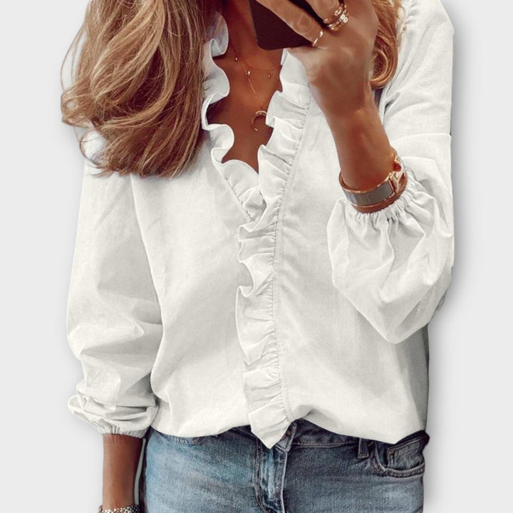 Sophie | Damen Rüschenbluse Langarm V-Ausschnitt Bluse Elegant