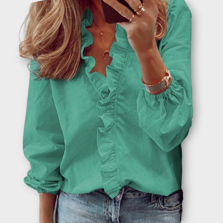 Sophie | Damen Rüschenbluse Langarm V-Ausschnitt Bluse Elegant
