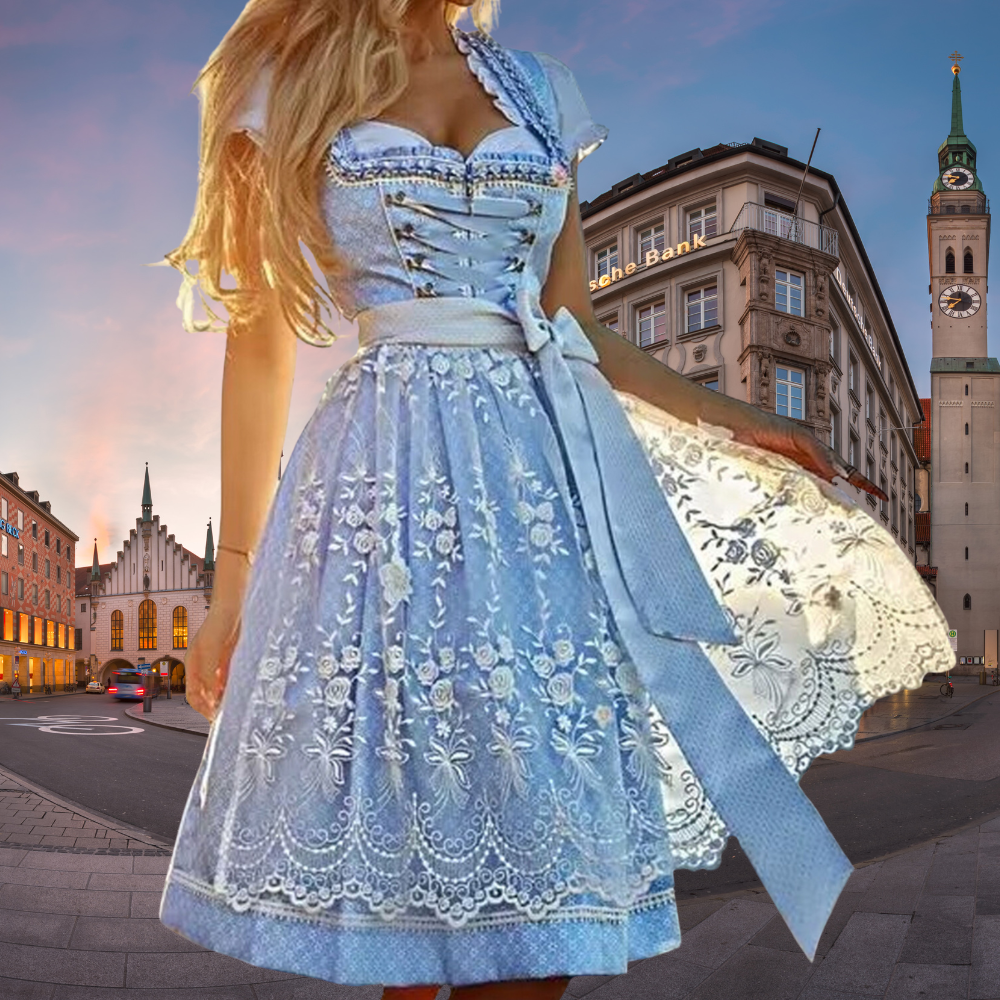Luisa | Damen Dirndl Hellblau Spitzenschürze Trachtenkleid